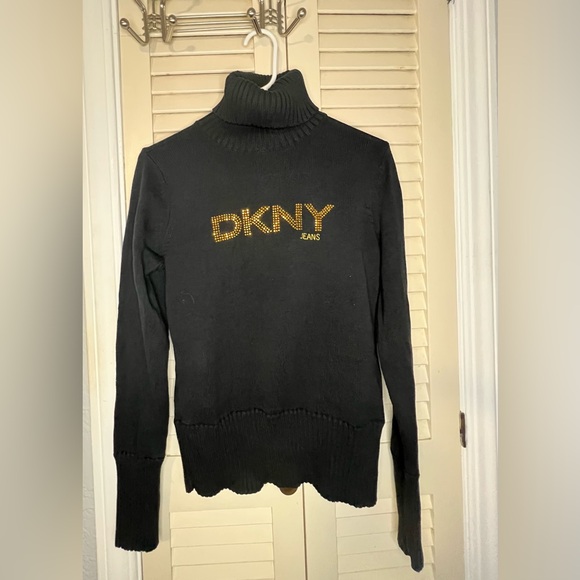 Vintage DKNY Jeans Black High-neck Sweater with Gold Logo Size Large - Picture 1 of 4